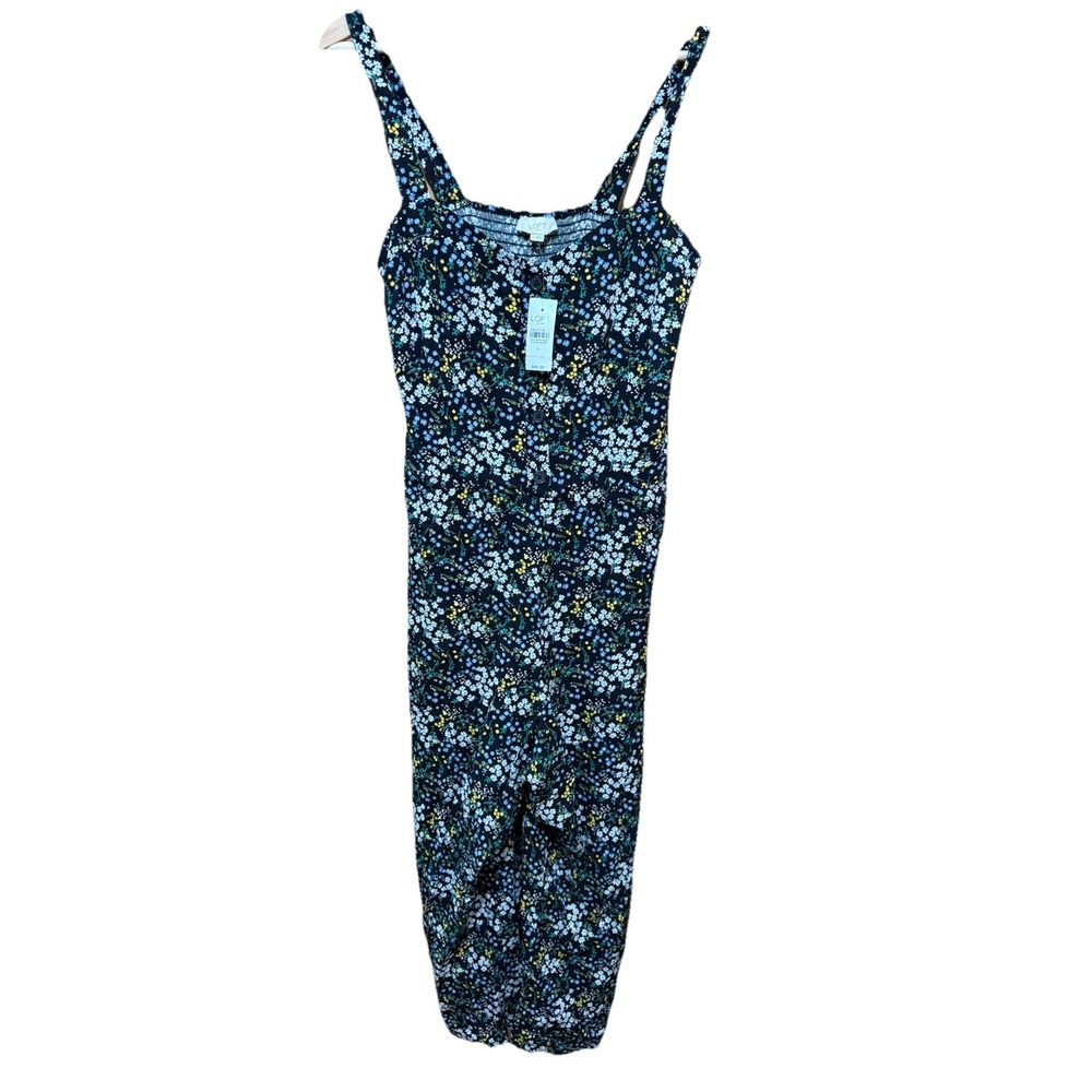 Loft Womens Ditzy Floral Jumpsuit Large Navy Blue Wide Leg Smocked Bodice NWT